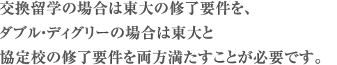 交換留学の場合は東大の修了要件を、ダブル・ディグリーの場合は東大と協定校の修了要件を両方満たすことが必要です。