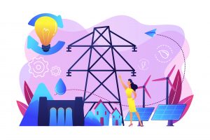 Scientist with sustainable development ideas solar panels, hydropower, wind. Sustainable energy, future-oriented energy, smart energy system concept. Bright vibrant violet vector isolated illustration